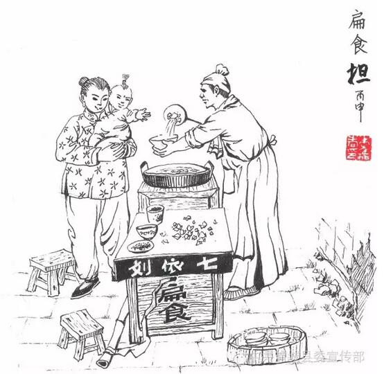 肉粽担 粽子在浦城原本是一种很普通的吃食,它用糯米、豆沙或咸肉,箬叶包裹而成,馅料有咸有甜,按照个人的口味安排佐料,平常只在每年端午节时食用。 但在上世纪五十年代前后,市面上有专门卖粽子的粽担,笃笃的竹梆声,夹带着浓厚江浙口音的粽歌声,每夜如时在夜空中飘荡,传入七弄八巷传进人们的被窝里,勾起人们的馋虫,这种粽味就和平时吃的粽子味道完全不一样了。 肉粽子呦,沙豆子粽,荤油滴滴的白糖子粽,鲜又鲜来味有味,要买的客人快来买,一个粽子一角钱来!一副竹梆子,一盏八角灯,一副剃头挑子般的炉担,便是卖粽子老人周邦庭